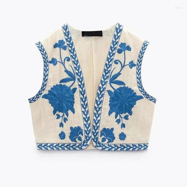 Gilet da donna 2024 Primavera Vintage Fiore Ricamo Gilet da donna Giacche Scollo a V Cardigan Camicie Boho Allentato Femminile High Street Top