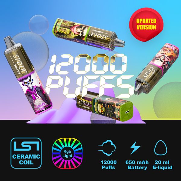 Original SIDIA 12k puff recarregável e-cigarro descartável 12000 puffs 20ml Salt Nic Cerâmica Bobina LED Luz 12 Sabores 650mAh 2% 3% 5% Vape Pen