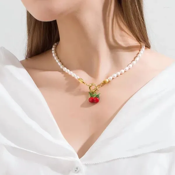 Colares de pingente branco oval pérola colar cereja romântico para mulheres