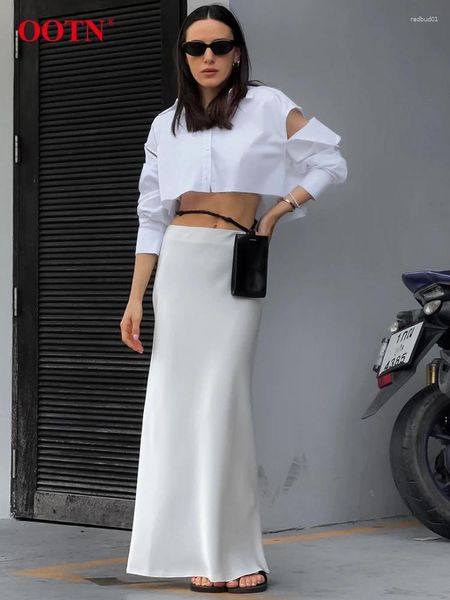 Юбки Элегантная белая длинная прямая женская уличная шикарная атласная юбка с высокой талией, осенняя шелковая юбка до щиколотки, 2023, на молнии