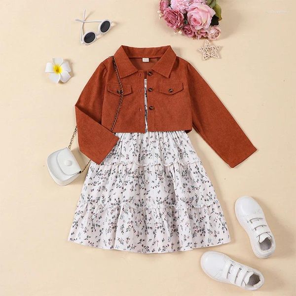 Conjuntos de roupas para meninas 2023 outono sem mangas vestido floral manga longa jaqueta 2 peça conjunto criança moda crianças