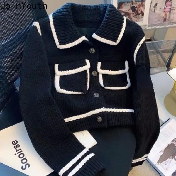 Magliette da donna Sueter coreano Mujer Black Black Women Cropped Cardigan Coat Autunno Abbigliamento inverno tasche