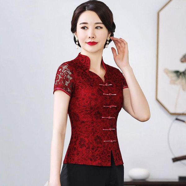 Ethnische Kleidung Cheongsam Frauen Plus Size Tops 2023 Spitze aushöhlen Kurzarm Traditionelle chinesische Art Red Tang Kostüm Qipao Shirts