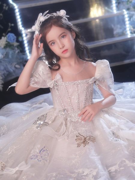 2023 glänzendes Design Blumenmädchenkleider für Hochzeiten Lange Prinzessin Perlen Pailletten Festzug Party Kleider Erstkommunion Kleid für Kinder Teenager Mädchen Festzug Kleid