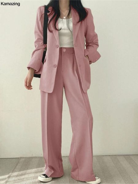 Calças femininas de duas peças coreano escritório senhora moda blazer terno de duas peças conjunto casual botão jaqueta larga perna roupas de trabalho outono