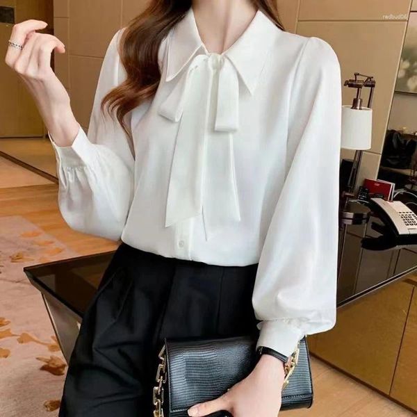 Frauenblusen weiße Bluse Frauen Turnhalterkragen Langarm Mode Casual Elegant Lady Office Work Shirts Tops Femme