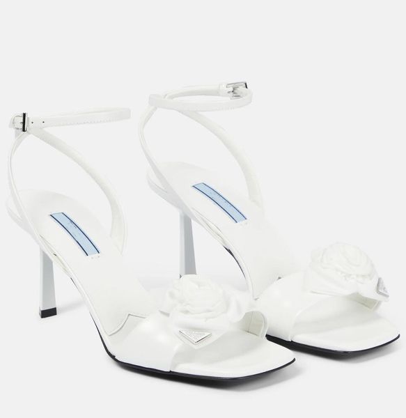 Италия, летние роскошные кожаные сандалии с розеткой, женская обувь на высоком каблуке с квадратным носком и ремешком на щиколотке, белый, черный, вечерние, свадебные, женские, для прогулок, EU35-42