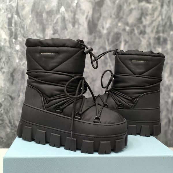 женские и мужские нейлоновые габардиновые лыжные ботинки Apres Дизайнерская обувь Роскошный бренд с треугольным золотым логотипом Зимние ботильоны на платформе Черные ботинки на шнуровке