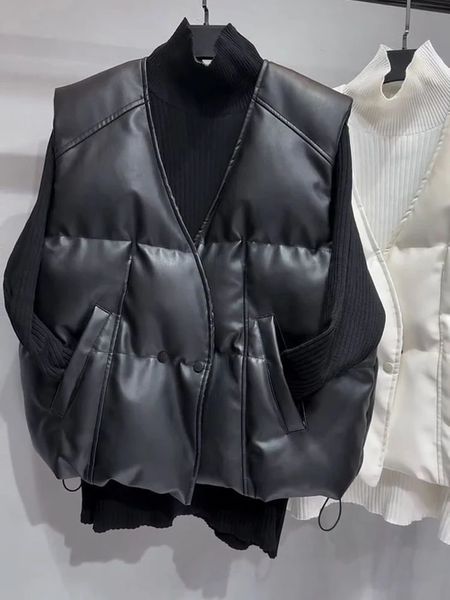 Mulheres coletes inverno outono impermeável jaqueta de couro colete artificial pu vneck sem mangas fivela de metal cinto casaco 231122