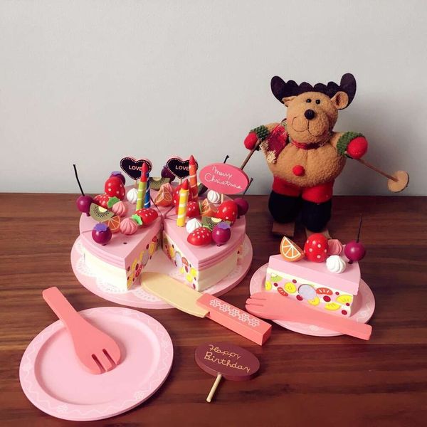 Quebra-cabeça de madeira para bebês, brinquedos de dramatização, bolo de camada dupla de morango, comemoração de aniversário infantil, corte e relógio, brinquedos para meninas