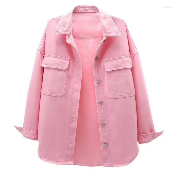 Blusas femininas manga longa denim camisas mulheres rosa branco curvado hem moda 2023 tendência solto casaco outono topos coreano elegante grande bolso