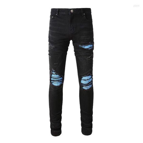 Jeans da uomo Uomo Plissettato Toppe blu Biker Skinny Pantaloni affusolati in denim elasticizzato Streetwear Fori Pantaloni strappati in cotone nero