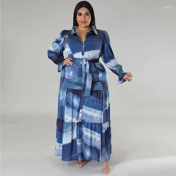 Plus size vestidos perl xadrez flare manga cheia bolo maxi vestido para mulher turn down colarinho único breasted longo 2023