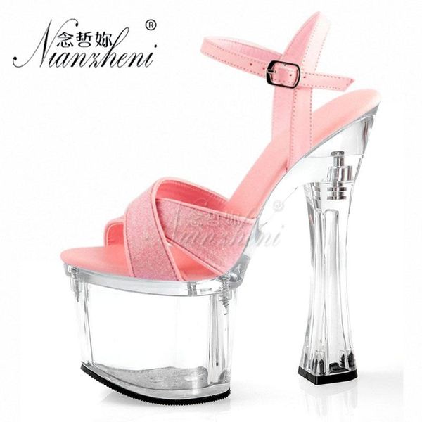 Sandalen Sweet Pink Crystal Platform Grober Absatz Flash Powder Bling Small Size Damen 7 Zoll Super High Heeled Schuhe Party