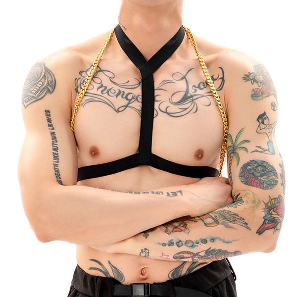 Sexy arnês cintos masculinos elásticos topos corpo ombro peito bondage halter erótico fetiche traje festa clubwear com corrente de metal