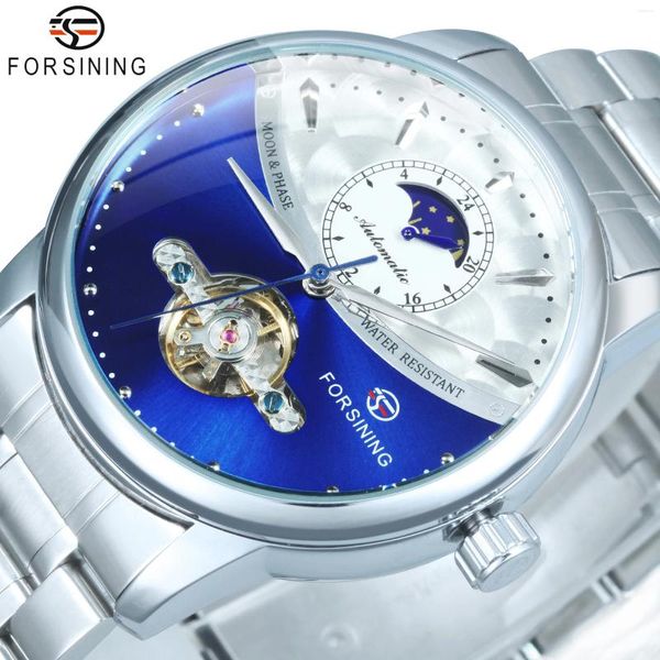 Relógios de pulso Forsining Moda Mens Mecânica Lua Fase Prata Azul Tourbillon Esqueleto Relógio Automático Pulseira de Aço Inoxidável