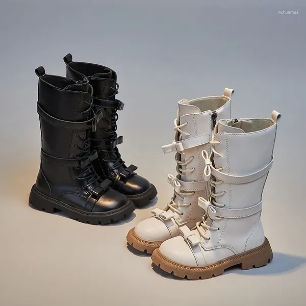 Botas 2023 outono inverno meninas estilo britânico crianças alta top arco princesa longo ao ar livre antiderrapante crianças sapatos casuais