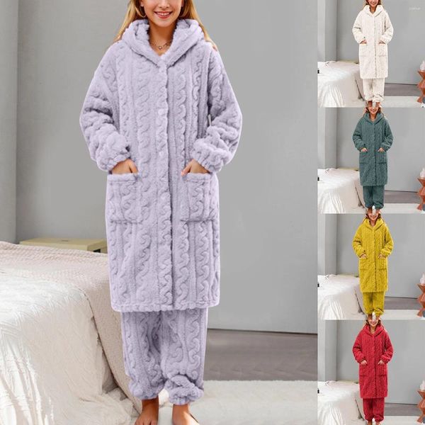 Indumenti da notte da donna Accappatoio lungo e pantaloni da donna Set da pigiama fuzzy da donna Caldo e soffice manica in peluche Pigiama termico Set da due pezzi