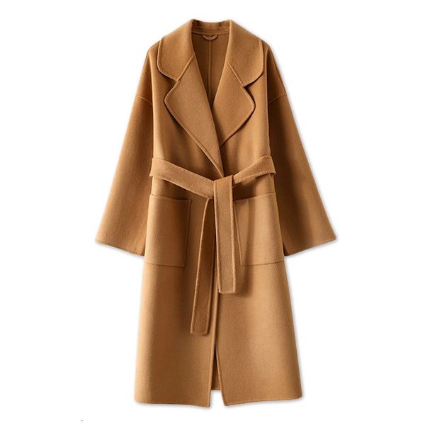 Misto lana da donna Classico Cappotto lungo da donna 100 Colletto con risvolto Tasca con cintura Doppio strato Ampio risvolto Cappotto a maniche lunghe Autunno Inverno 1 231122