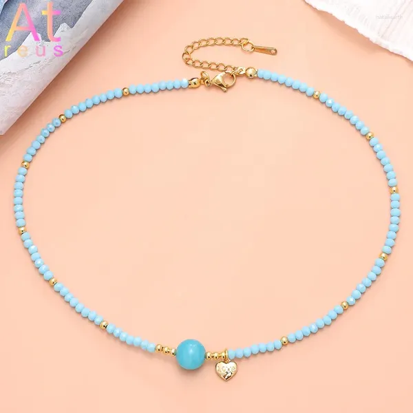 Anhänger Halsketten Fashion Boho Rhombus Geometrische Perlen Choker Blau Imitation Türkis Stein Liebe Love Halskette Strand weibliche Schmuck Geschenk