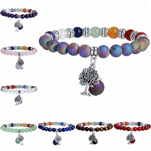 Pulseira de pedra semi -preciosa de Strand Sunyik com encantos da árvore da vida 7 contas de chakra cura de cristal reiki balanceamento de jóias de ioga 8mm 7 