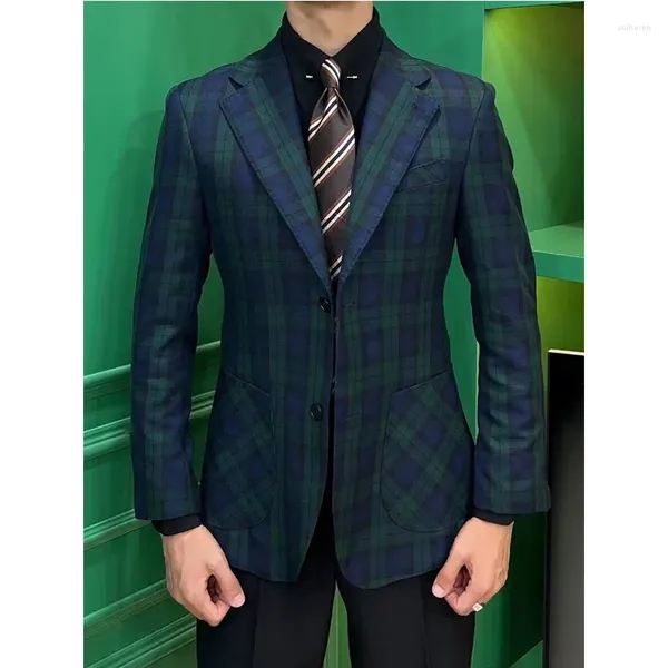 Мужские костюмы в британском ретро-итальянском стиле, сине-зеленый клетчатый пиджак, деловая мода в шотландском стиле, с большой спинкой и двойными шлицами