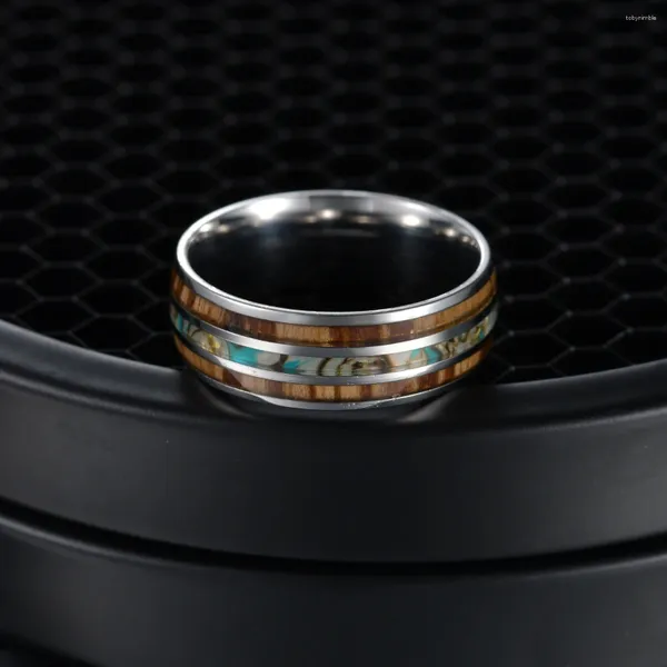 Cluster Anéis Cor Prata Koa Madeira Abalone Inlay Alto Polonês 8mm Largura Genuína Banda de Casamento Elegância Carboneto de Tungstênio para Homens