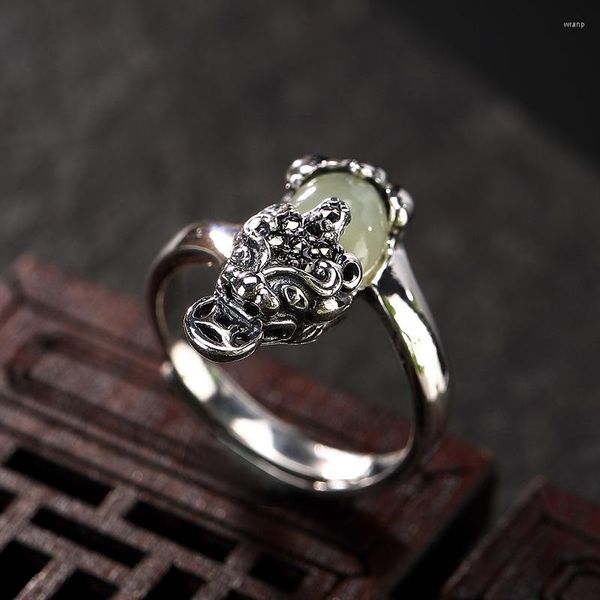 Cluster Ringe Natürliche Hetian Jade Pixiu Ring Antiker Stil Sterling Silber Intarsien Glückliche Offene Ethnische Frau