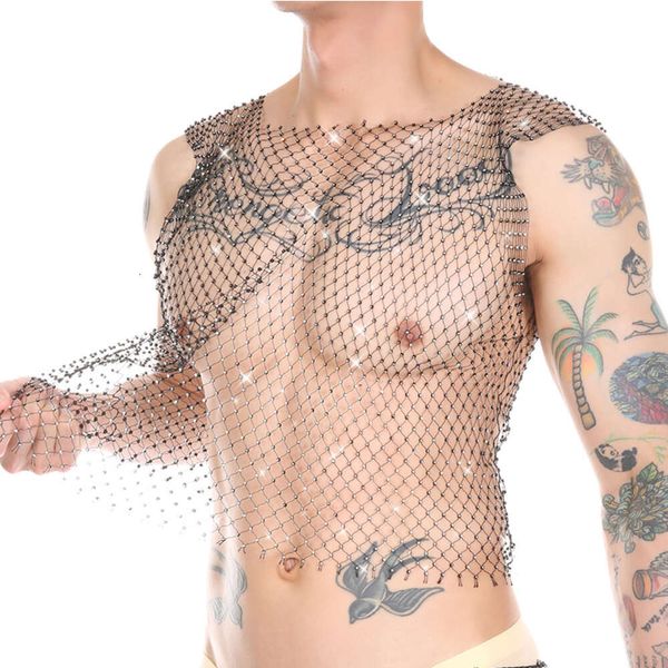 Erkekler Seksi Sheer Glitter Diamond Fishnet Yelek Porno Şeffaf T-Shirt Stage Club Kostüm Seks iç çamaşırı Sissy Top Kısa Kollu