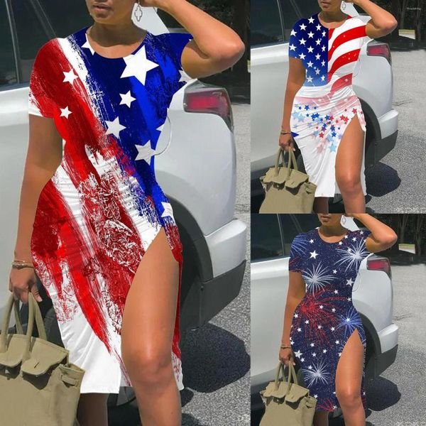 Lässige Kleider Unabhängigkeitstag Frauen Amerikanische Flagge Muster Kordelzug Schlitz Schlankes Kleid 4. Juli Strand für langes Maxi
