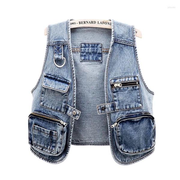 Gilet da donna Vintage Blu Denim Sottile Donna Slim Corto Studente Gilet da Cowboy Scollo a V Tasca Grande Senza Maniche Giacca di Jeans Cappotto Donna