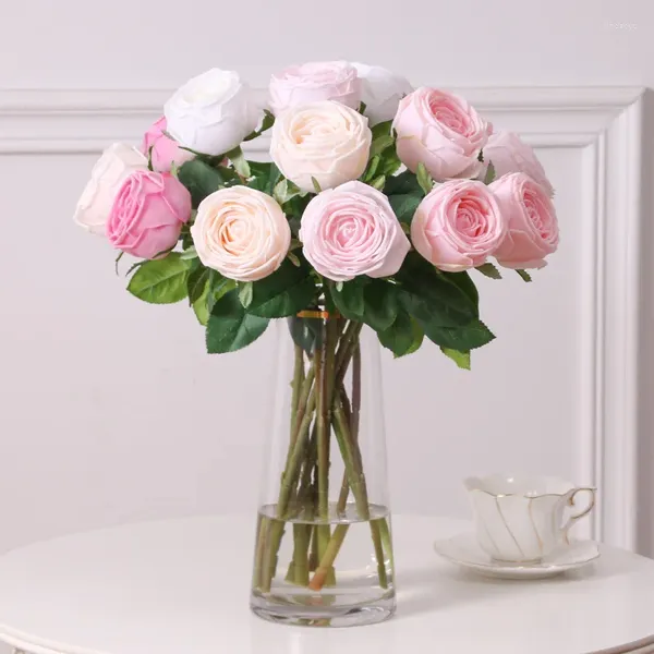 Flores decorativas 5 pçs sensação de mão hidratante látex rosa artificial toque real decoração casa falso buquê de noiva casamento floral