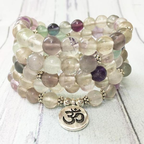 Strand MG0471 Design 8 Mm Fluorite 108 Mala Bracciale Cuore Chakra Yoga Collana Ohm Charm Per Donna