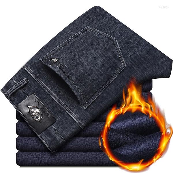 Jeans da uomo High-end Brand Men Fleece Thermal 2023 Winter Business Straight Plus Pantaloni in denim spesso di velluto Pantaloni morbidi da uomo caldi