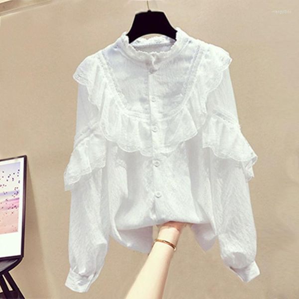 Blouses feminina Lace Ruffles Mulheres camisas verão 2023 Solid Solid Long Sleeved Escritório elegante Lady Outwear Tops