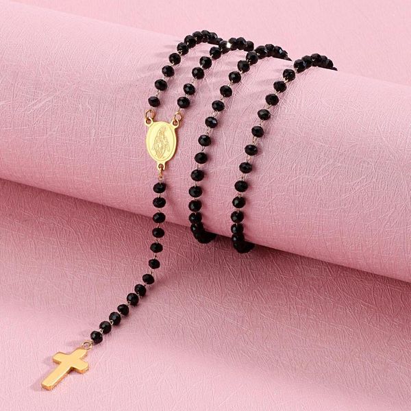 Collane con ciondolo Collana a catena con perline religiose per donna Croce in acciaio inossidabile Gioielli con smalto Vergine Maria 60 cm (23 