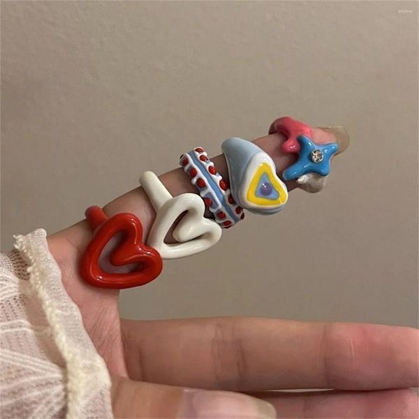 Cluster Ringe Candy Farbe Emaille Liebe Herz Für Frauen Trend Geometrische Tropfen Öl Lustige Y2K Chunky Finger Ring Freundschaft Schmuck