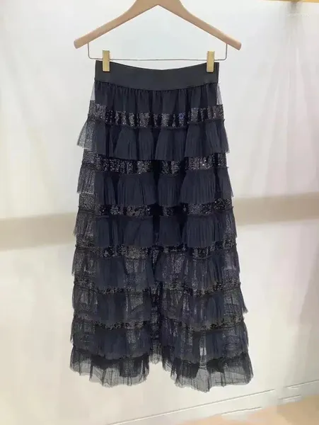 Saias femininas preto malha saia lantejoulas cintura elástica vestido de baile 2023 início do outono feminino elegante mid-bezerro jupe