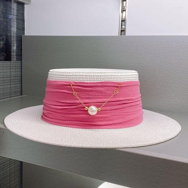 Шляпа шляпы в широких краях летняя белая соломенная шляпа Rinbow Band Жемчужная женская дамская лодовита платье пляжная свадебная вечеринка федорас