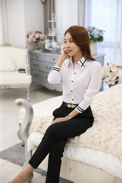 Camicette da donna Abbigliamento da lavoro Camicetta blu bianca Manica lunga Colletto rovesciato Camicia formale elegante da donna Top da donna Scuola