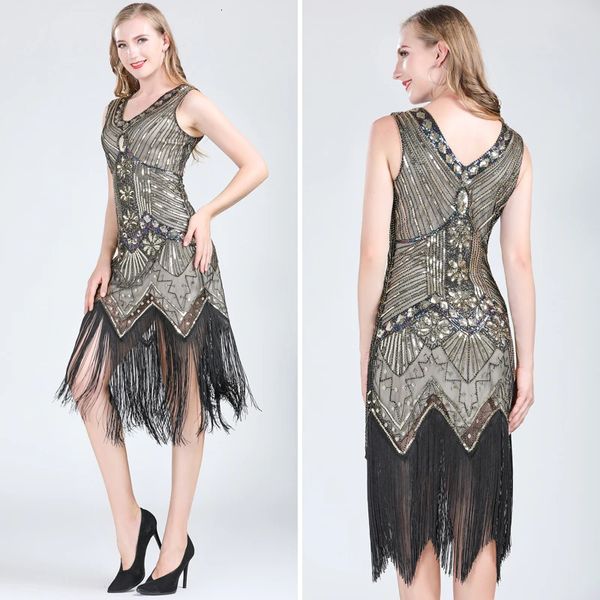 Abiti casual basic Donna Anni '20 Abito vintage Great Gatsby Doppio scollo a V senza maniche con perline e nappe con paillettes Art Deco Flapper per la festa 231123