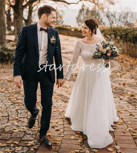 Fata Autunno Boho Abito da sposa in pizzo a maniche lunghe in chiffon Abito da sposa da spiaggia O collo Bohemian Rustico Abiti da sposa country Abiti da sposa Chic Robe Mariage 2024 Sposa