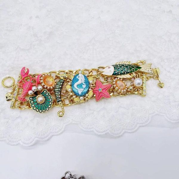 Link Pulseiras elegante pulseira vintage com vários elementos de praia - sereia lagosta concha pérola cavalo marinho estrela do mar
