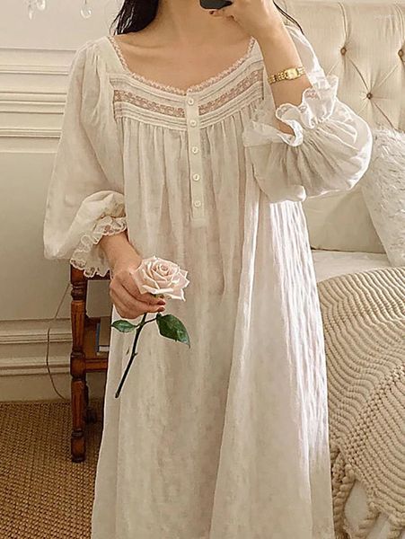 Mulheres Sleepwear Mulheres Puro Algodão Ruffles Vintage Nightgowns Robe Lace Fada Manga Longa Victorian Princesa Doce Nightdress Homewear