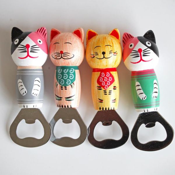 Magnete per frigorifero per gatti Apribottiglie Creativo Cartoon Cats Apriscatole Manico in legno multifunzionale Apriscatole per birra Utensili da cucina Bomboniera SN4508