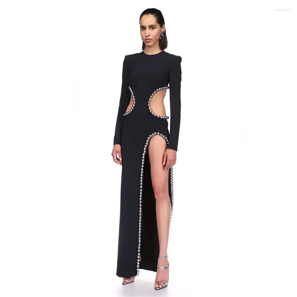 Sıradan Elbiseler Seksi Hollow Out Gümüş Saplamalar Siyah Bandaj Elbisesi Maxi Uzun Kollu Cobes Longues Vestidos Elegantes Para Mujer Parti