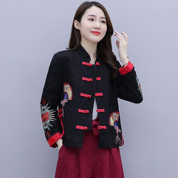 Этническая одежда черный костюм женский китайский стиль мода весна осень осень свободные повседневные куртки винтажная одежда с длинные рукава короткие пальто