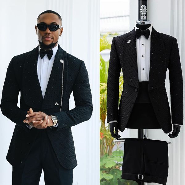 Moda masculina ternos de algodão preto fino ajuste 2 peças contas casamento noivo vestir melhores homens smoking traje homme mariage jaqueta calças