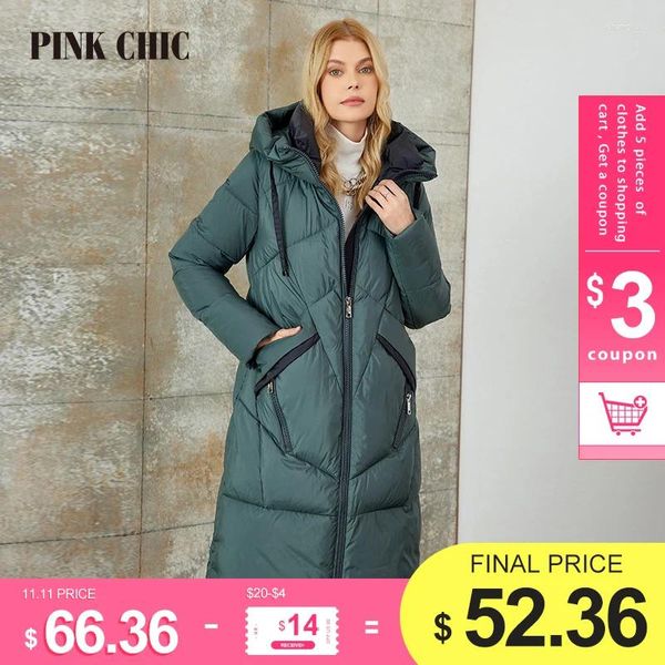 Casacos de Trench das Mulheres Rosa Chic 2023 Moda Clássico Inverno Longo Mulheres Down Jackets Quente Lace Up Com Capuz Parkas Feminino W6612