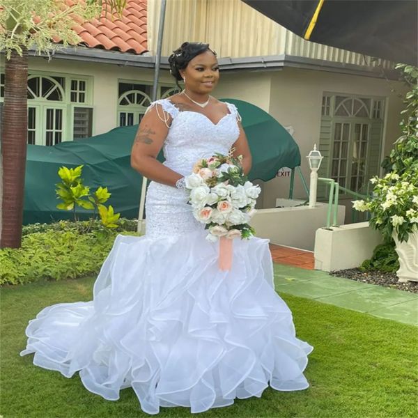 Großes Meerjungfrau-Hochzeitskleid in Übergröße Afrikanisches Nigeria Schulterfrei Rüschen Bottom Garden Brautkleider 2023 Vestido De Casamento Country Robe De Mariee Noiva